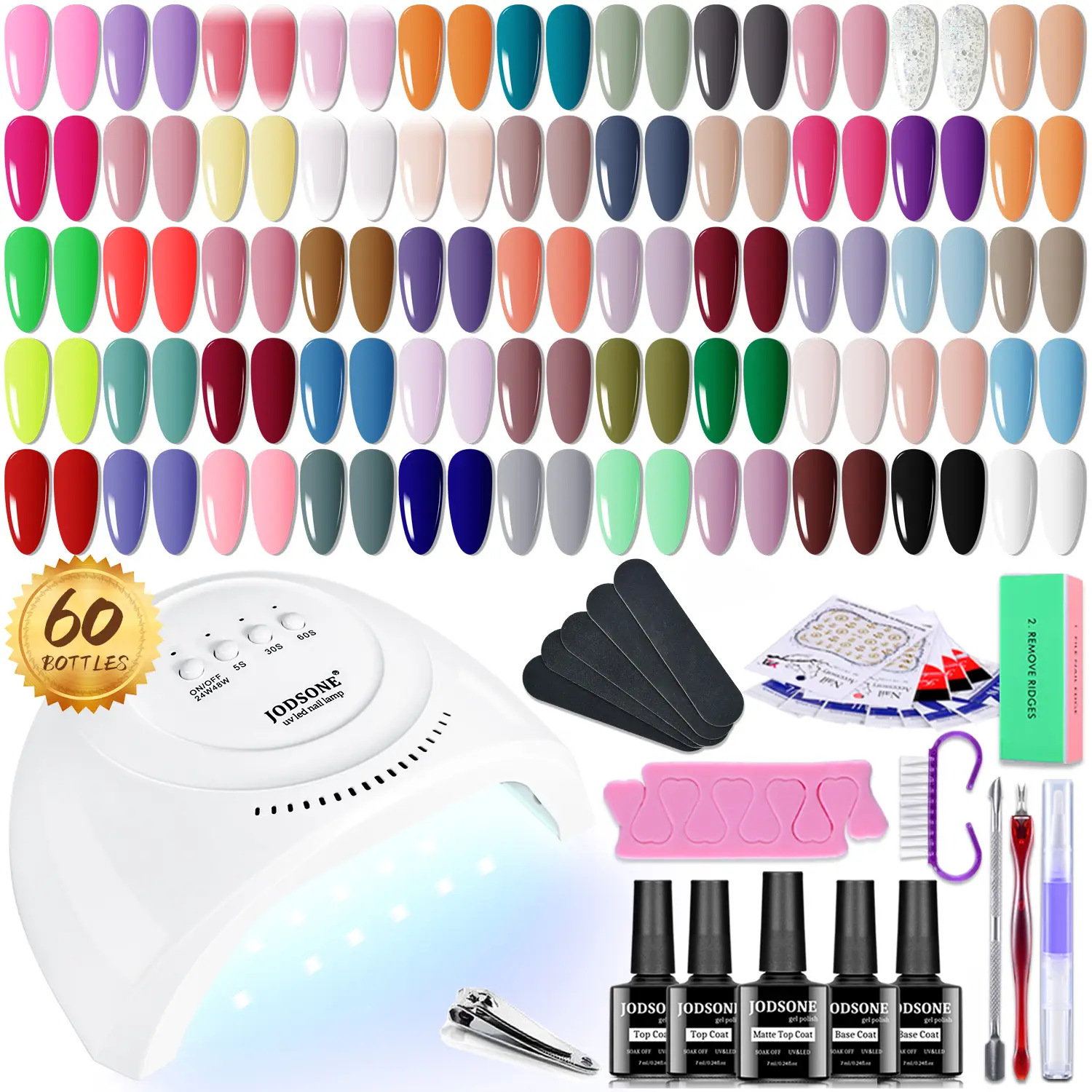 JODSONE 60 PCS Gel Nail Polish Kit with U V Light Base and Matte Glossy Top Coat Nail Gel Polish Soak off Manicure Accessory Tools Suitable for All Se
