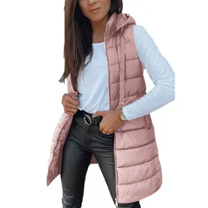【US Shipping】Women Long Vest Solid Color Sleeveless Hood Winter Puffer Vest Outwear