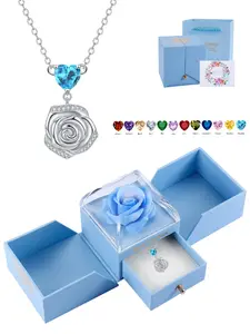 Rose Heart Birthstone Necklace Pendant, Elegant Jewelry Gift for Mom Wife Friend, Birthday Graduation Holiday Present with Box