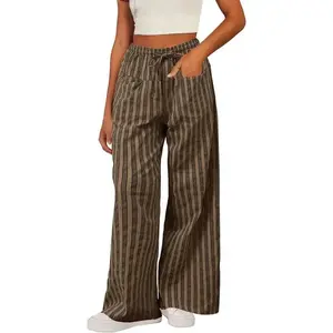 Women Casual Drawstring Elastic Waist Loose Wide Leg Striped Pants with Pockets, S-XXL