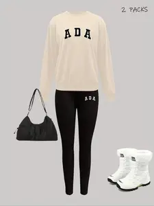 Women's Spring Fall New 2-Piece Set, Round Neck Long Sleeve Sweatshirt, Ribbed Cuffs with Ada Letter Pattern, Comfortable Yoga Pants, Sweatsuit Sets