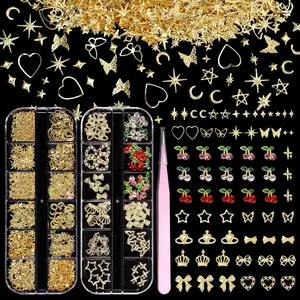 2 Boxes 300 Pcs Gold Nail Charms, Cherry Nail Charms, Bows Star Heart Crosses Butterfly Crown Nail Gold Charms, Multi Shapes Golden Nail Art Studs, Gold Charms for Valentine's Day Nail DIY Y2K Decor