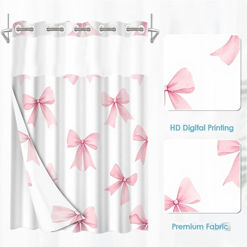 1pc hookless shower curtain with buckle lining, spring pink and white bow pattern design, 2D flat printing, fabric waterproof lining, see-through double-layer shower curtain, 71 x 74 inches, modern home draping curtain, Shower Curtain Liner