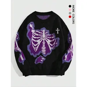 Men's Skeleton Print Drop Shoulder Sweater, Loose Casual Long Sleeve Round Neck Jumper for Fall & Winter, Fashion Men's Knitwear for Daily Wear