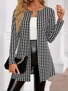Women's Houndstooth Print Long Sleeve Open Front Jacket Fit, Casual Elegant Outerwear for Spring & Fall, Ladies Clothes for Daily Wear, Womenswear Piece