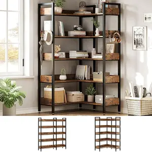 Corner Bookshelf, 5-Tier Bookshelves with 4 Hooks, Convertible Bookshelf, Industrial Wooden Bookcase with Open Shelves and Metal Frame for Living Room, Bedroom, Home Office