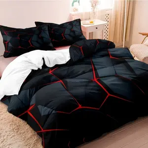 Three-piece duvet cover set, Bedroom bedding set, black background with polygonal pattern, using 3D digital printing technology, suitable for bedroom décor (1 duvet cover, 2 pillowcases, insert not included). Machine washable, zipper design