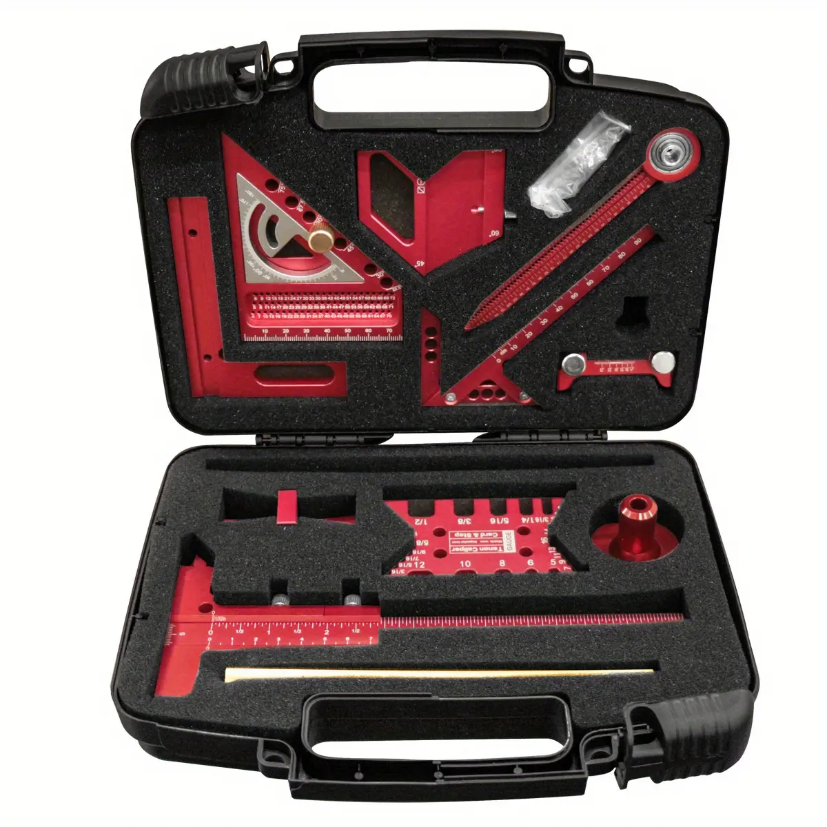 10 Piece Woodworking Measuring Tool Kit with Storage Box, Measuring Instrument, Multi Angle Combination Triangle Ruler, Woodworking Square Protractor, Fixed Angle Sharpening Tool, Dovetail Gauge, Caliper and Ruler 2-in-1, Center Marking Tool