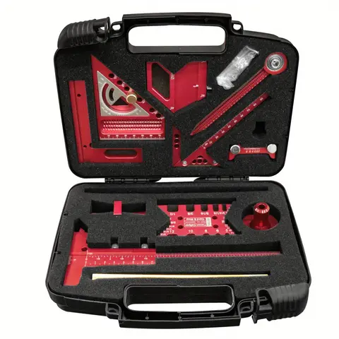 10 Piece Woodworking Measuring Tool Set with Storage Box, Measuring Instrument, Multi Angle Combination Triangle Ruler, Fixed Angle Sharpening Tool, Dovetail Gauge, European Marking Tool, Caliper and Ruler 2-in-1, Center Marking Tool, Steel Ruler Clip