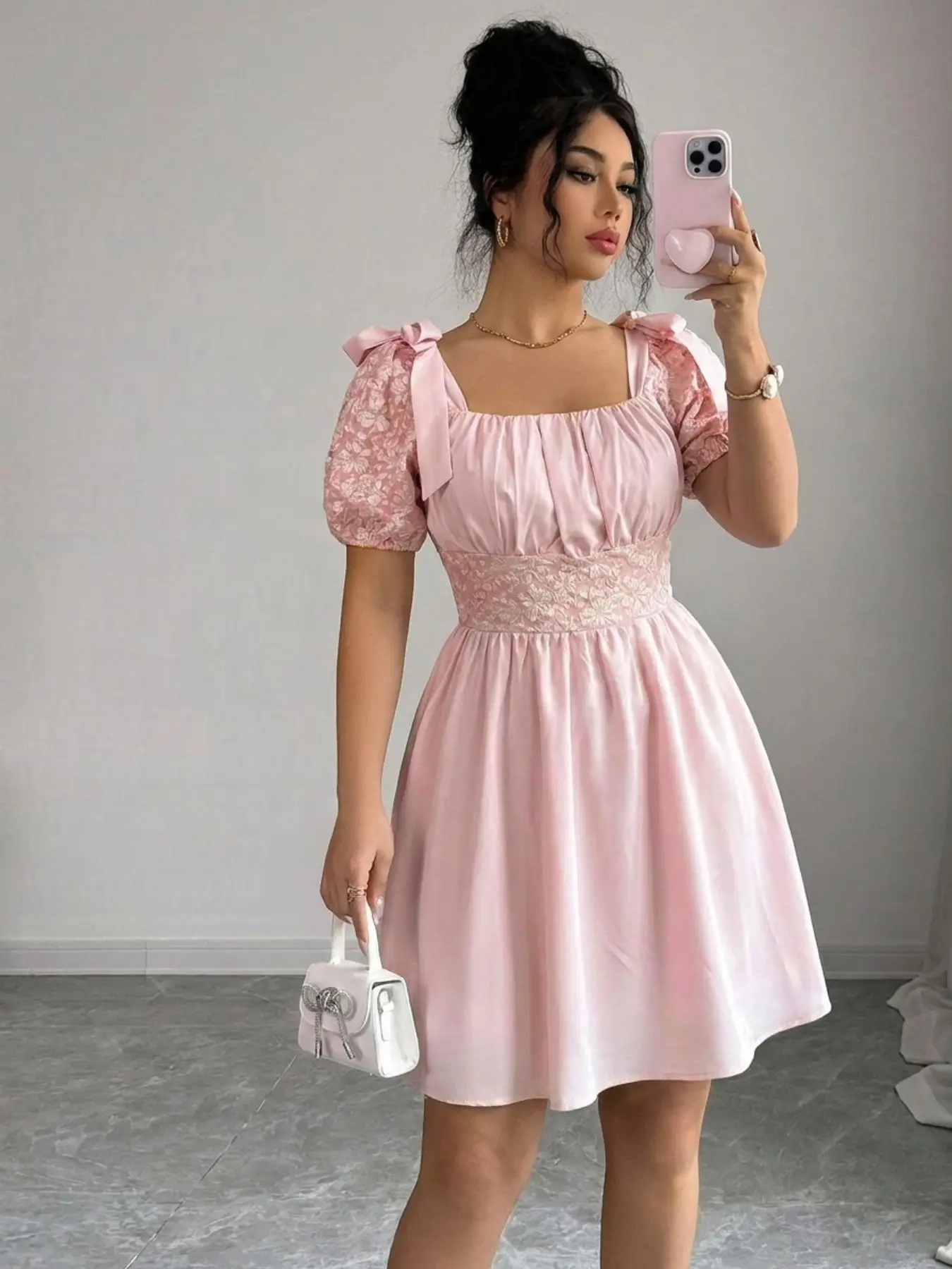 Elegant Women's Summer Short Dress, Solid Color Jacquard Fabric, Patchwork Butterfly Knot Tie, Stylish, Cute and Chic, Perfect for Special Occasions