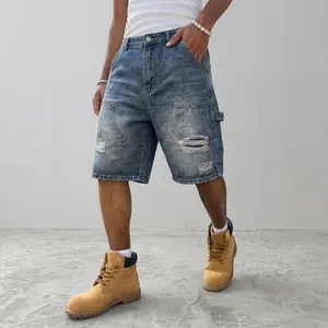Men's Baggy Workwear Denim Shorts Vintage Washed Ripped Elastic Waist Knee-Length Streetwear Jorts
