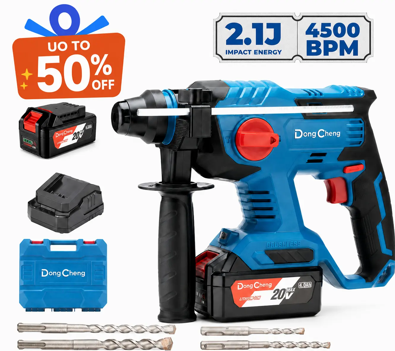【Summerfinds】20V Max Brushless Motor Cordless Rotary Hammer Drill Set, 7/8" SDS-Plus, 2.1Joule Impact, 5-Year Warranty, 4.0Ah Fade-Free Battery & Charger, Anti-Vibe Grip, 4-Bit Set, Cells, Cordless Power Drill for Concrete Demolition