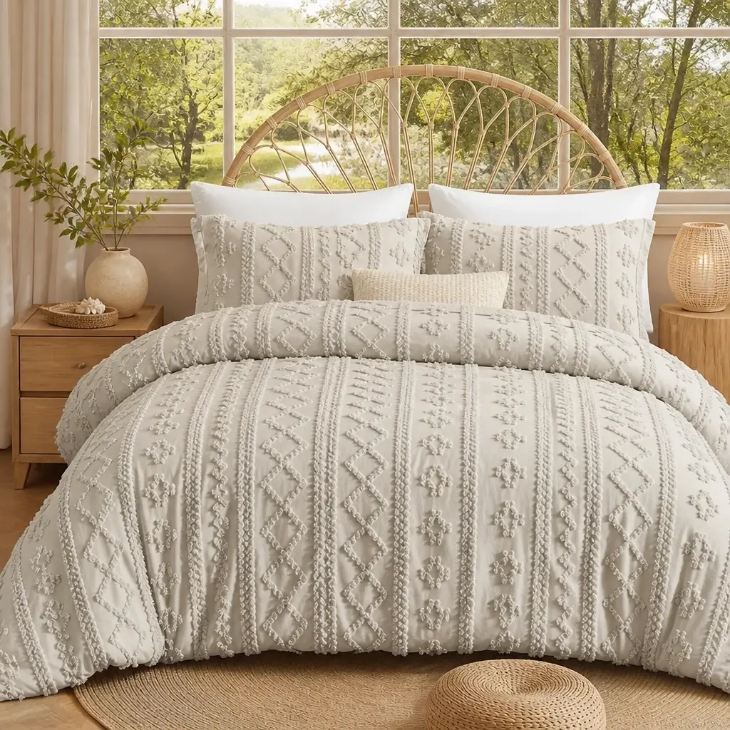 MUXHOMO New 3-Pieces Burgundy Boho Tufted GentleSoft Fabric Bedding Set - Jacquard Embroidered Soft Farmhouse All-Seasons Bed Comforter Set, Halloween Gift for Women, Bedroom Decor
