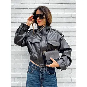 Women's Olive Green Faux Leather Fitted Long Sleeve Bomber Moto Jacket Stand Collared Flap Pockets Casual Short Layered Streetwear Outerwear Coats 2024 Summer Vacation Dating Cafe Commute Home Wear Old Money Light Luxury High Quality Relaxed Outdoor Intel