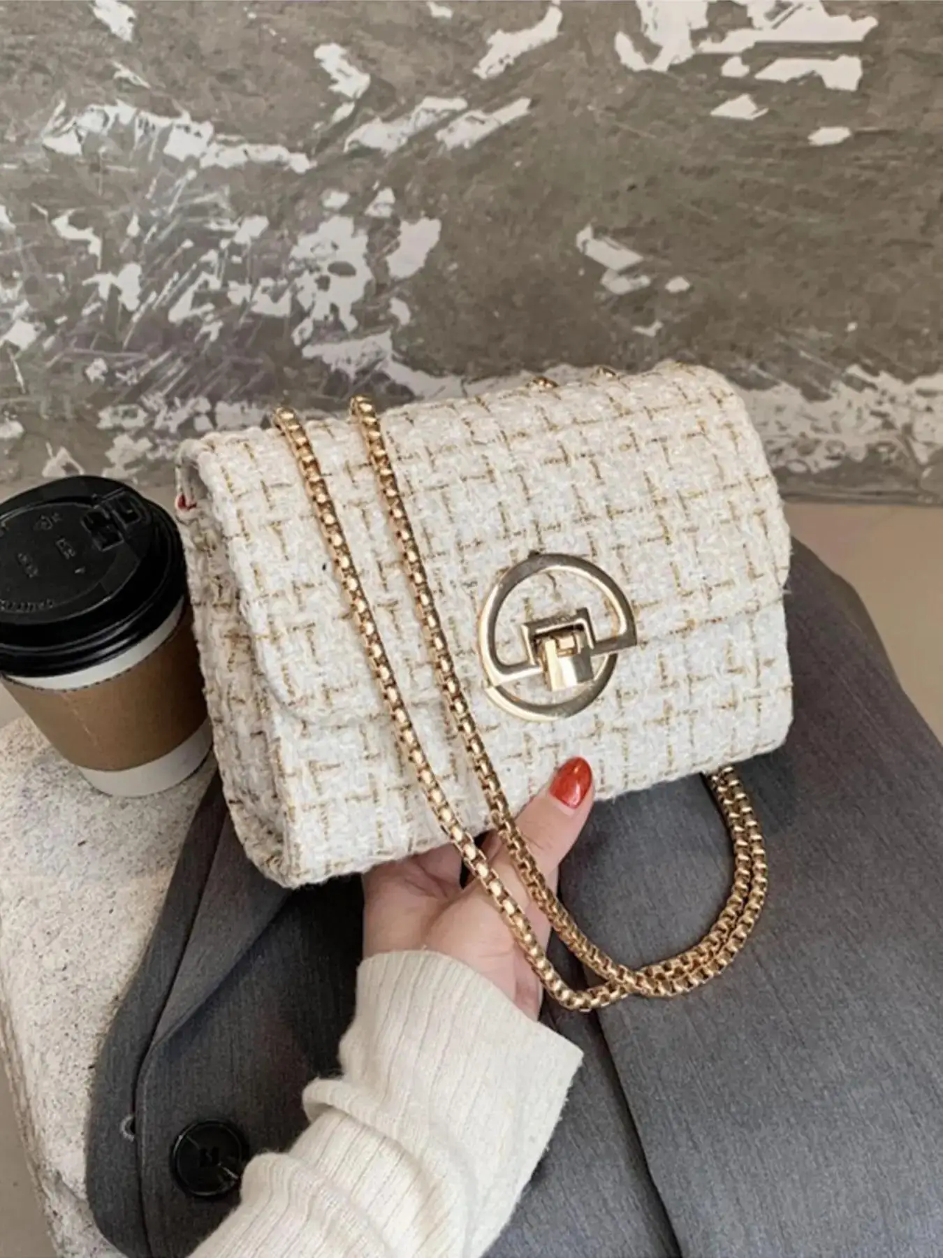 Women's Elegant Fashion Chain Linen Flap Small Square Bag, Simple Plain Cute Plaid Pattern Crossbody Bag, Casual Versatile Shopping Zipper Shoulder Ba