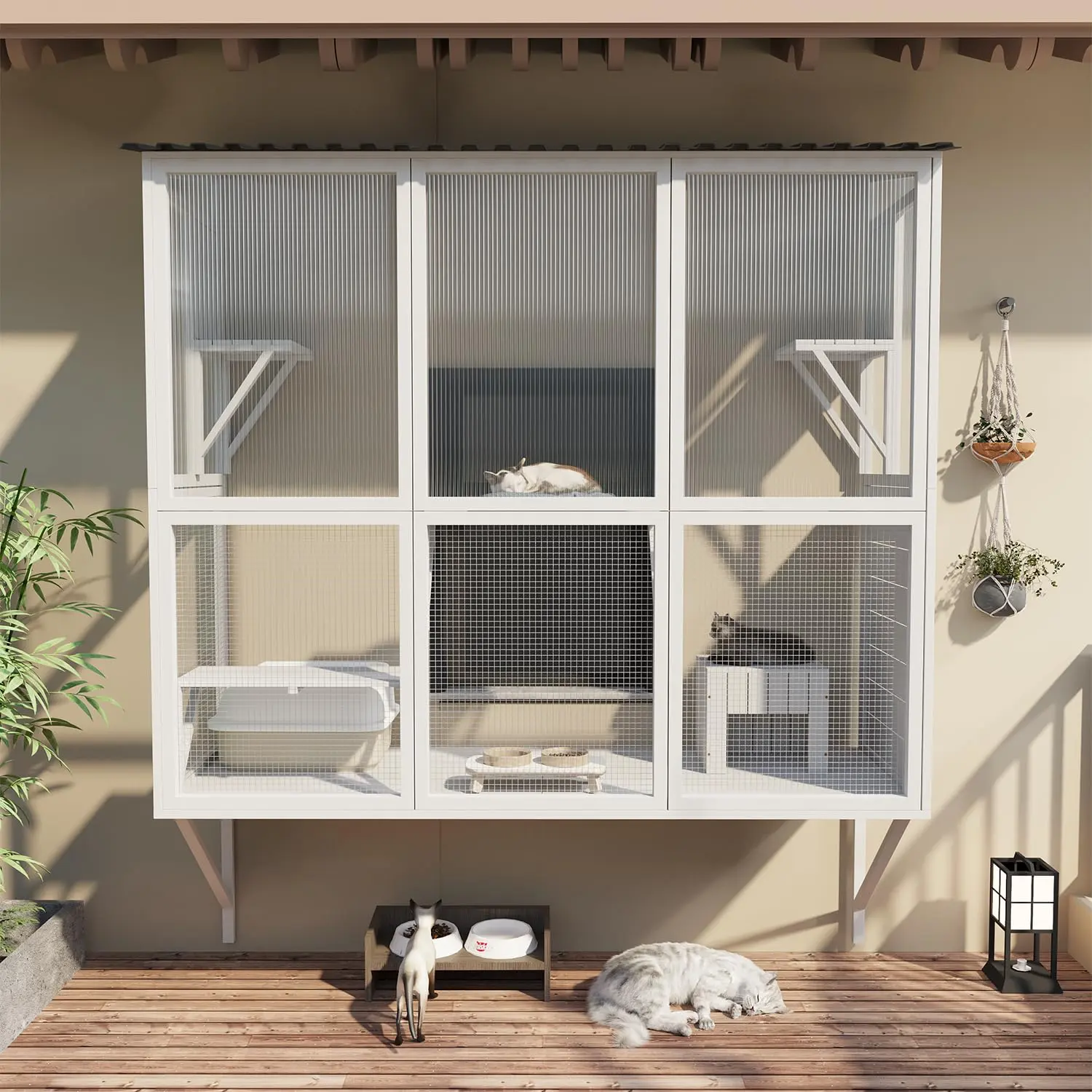 Catio Outdoor Cat Enclosure with Window Access, Large Window Catio Wood Cat House with 4 Platforms & 3 Doors for Napping & Nature Viewing – All-Weather Pet Cage for Indoor Cats