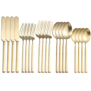 Matte Silverware Set Gold Flatware Set Stainless Steel with Heavy Round Handle,20 Pieces Cutlery Set Dessert fork spoon included,Wedding Housewarming Gift Service for 4(Matt gold)