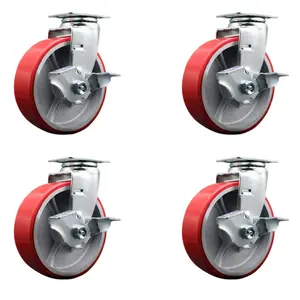 Service Caster SCC-20S620-PUB-RS-TLB-4 Swivel Top Plate Caster Set, Red - 6 in. by 2 in. Polyurethane on Cast Iron Wheel Ball Bearing