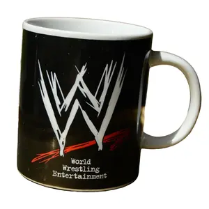 Classic Printed WWE Logo Mug - 2002 Release, Full-Print Wrap, Black-White-Red Ceramic Cup, Handle Grip, Microwave-Safe, Washable Kitchen Drinkware, Good Condition (Q4N)