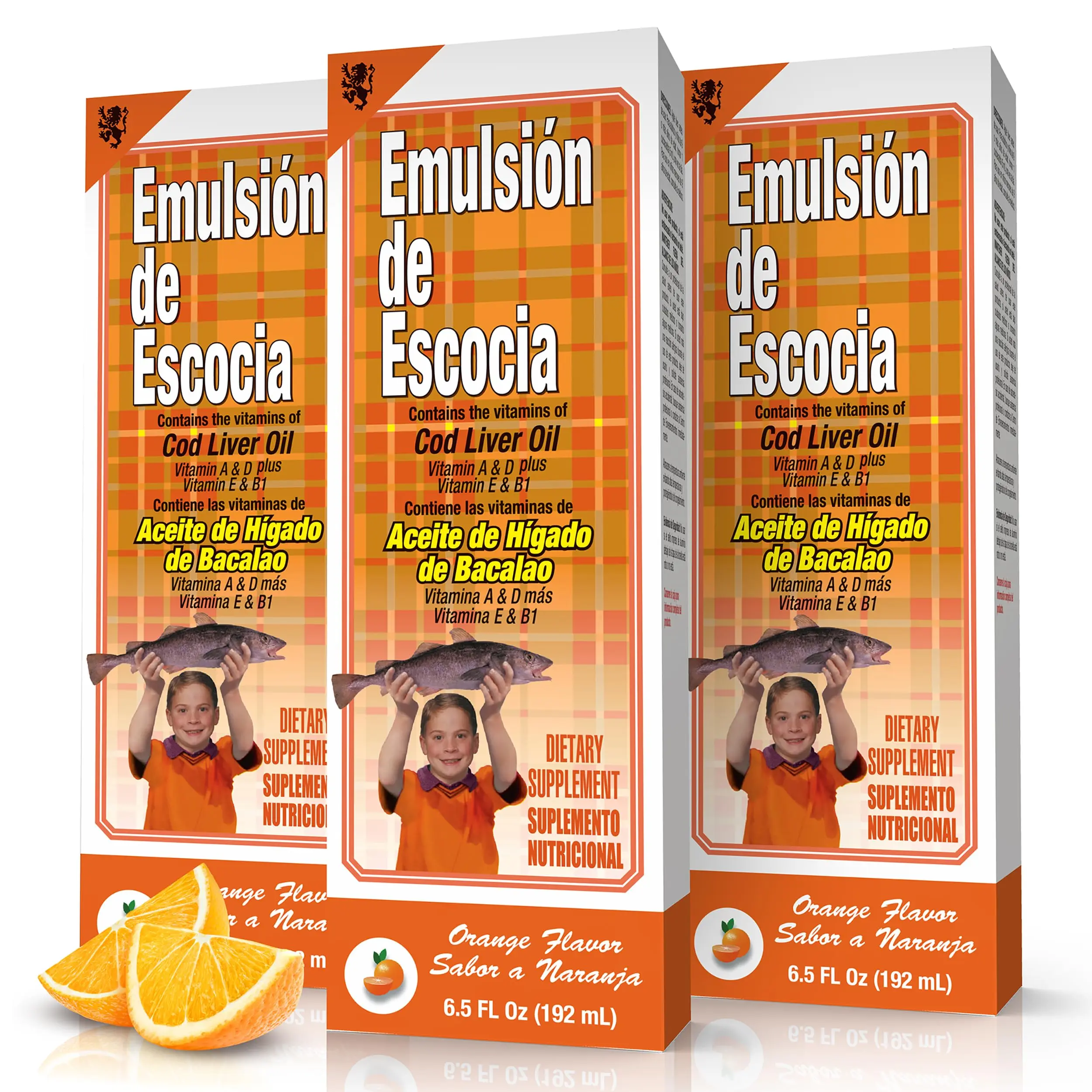 Emulsion de Escocia Scottish Cod Liver Oil Emulsion - Orange Flavor Kids' Natural Supplement, 3-Pack 6.5 Oz Daily Vitamins with Vitamin B1 for Immune Support, Energy Boost, Strong Bones & Healthy Skin, Metabolism Aid