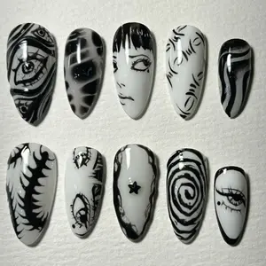 swish.nails Monochrome Horror Press-On Nails, Black & White Creepy Face, Eye & Spiral Illusion Art, Gothic Manga & Uzumaki-Inspired Designs, Handmade Nail Art for Spooky Lovers, Custom Alternative Gothic Looks