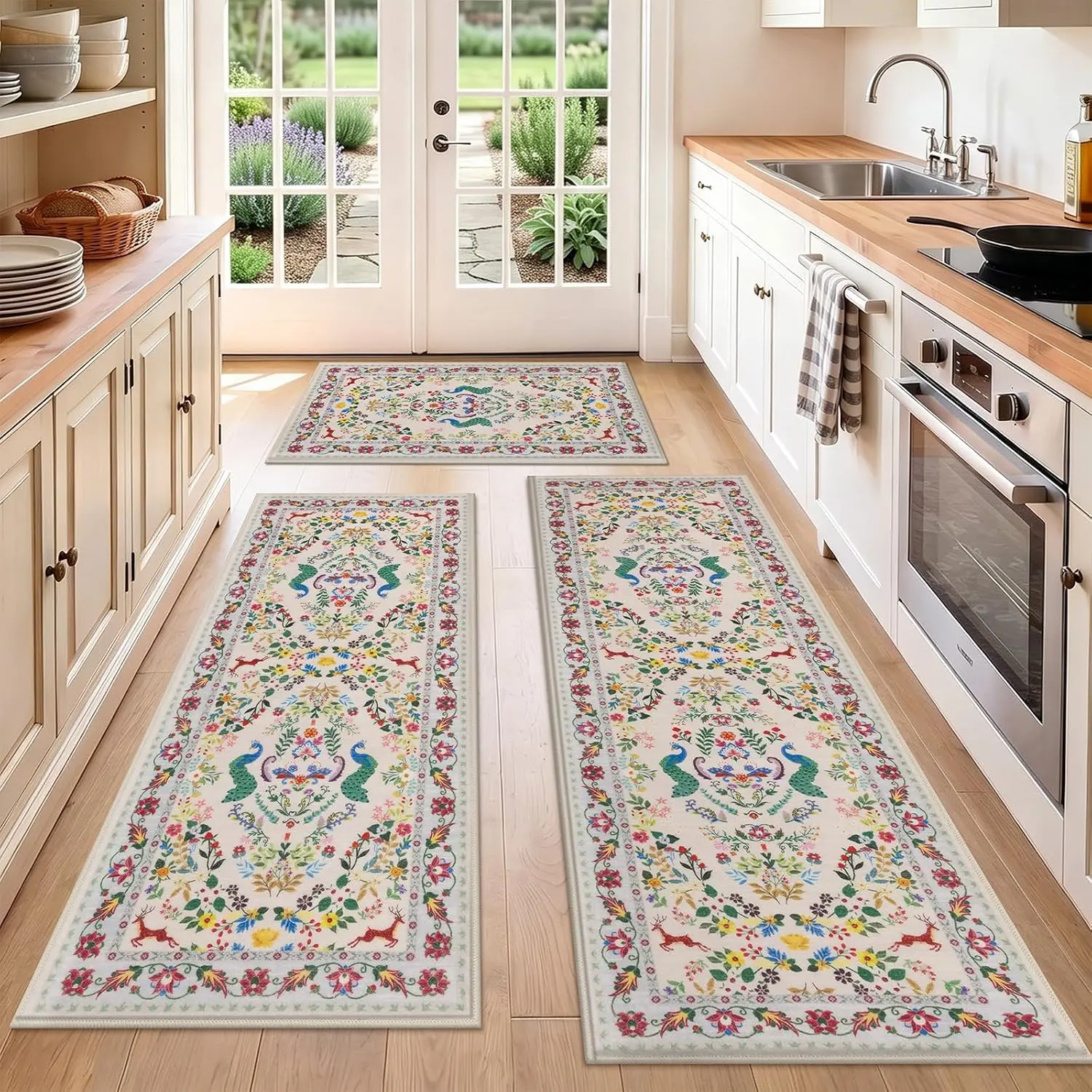 3pcs Multi-Size Farmhouse Kitchen Rug and Runner Set - Soft Vintage Distressed Low Pile Non-Slip Mats for Kitchen Areas, Entryways, Laundry Room