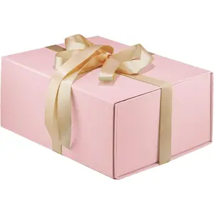 Pink Gift Box, 9" X 7" X 4", with Ribbon for Presents, Magnetic Closure Gift Packaging for Christmas, Halloween, Birthday