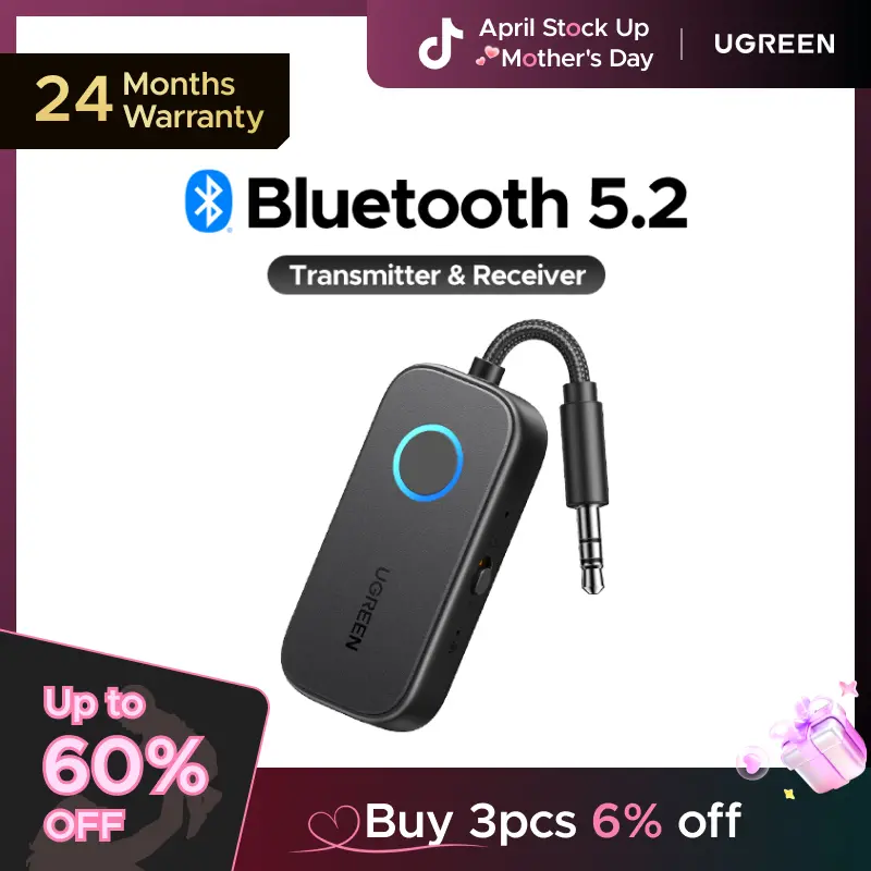 UGREEN Bluetooth 5.2 3.5mm Audio Transmitter/Receiver Adapter for Airpods or Headphones,  for Flight, TV, Car Stereo, MP3 Headset Microphone-,#SummerVibes,mothersdaygift