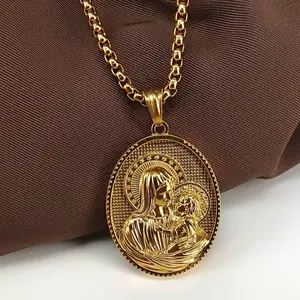 Vigencita del Carmen Stainless Steel Pendant Necklace with Gold Plated Chain and Detailed Virgin Mary Design