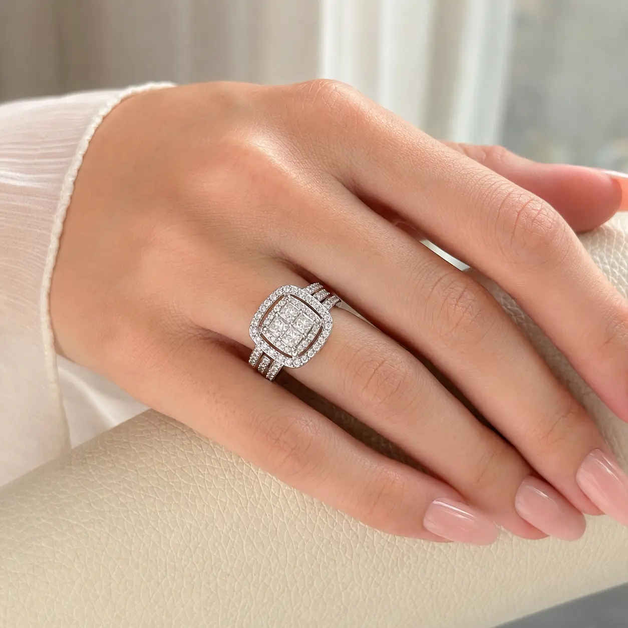 JJ CHIC Square Halo CZ Ring for Women, Sparkly Princess Cut Statement Piece, Elegant Wedding Promise Gift for Her