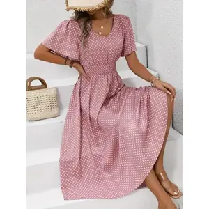 Chic Pink Polka Dot Midi Dress for Women - Casual V-Neck, Ruffle Sleeves, Cinched Waist Design, Lightweight Polyester, Machine Washable, Spring/Summer Fabric Minimalist Short Basic Comfort Womenswear