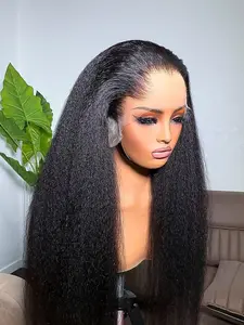Kinky Straight Human Hair Wigs 13X6 Hd Transparent Lace Frontal Human Hair Wigs 180% Density Yaki Straight 360 Glueless Wig With Transparent Drawstring Pre Cut Lace Wigs