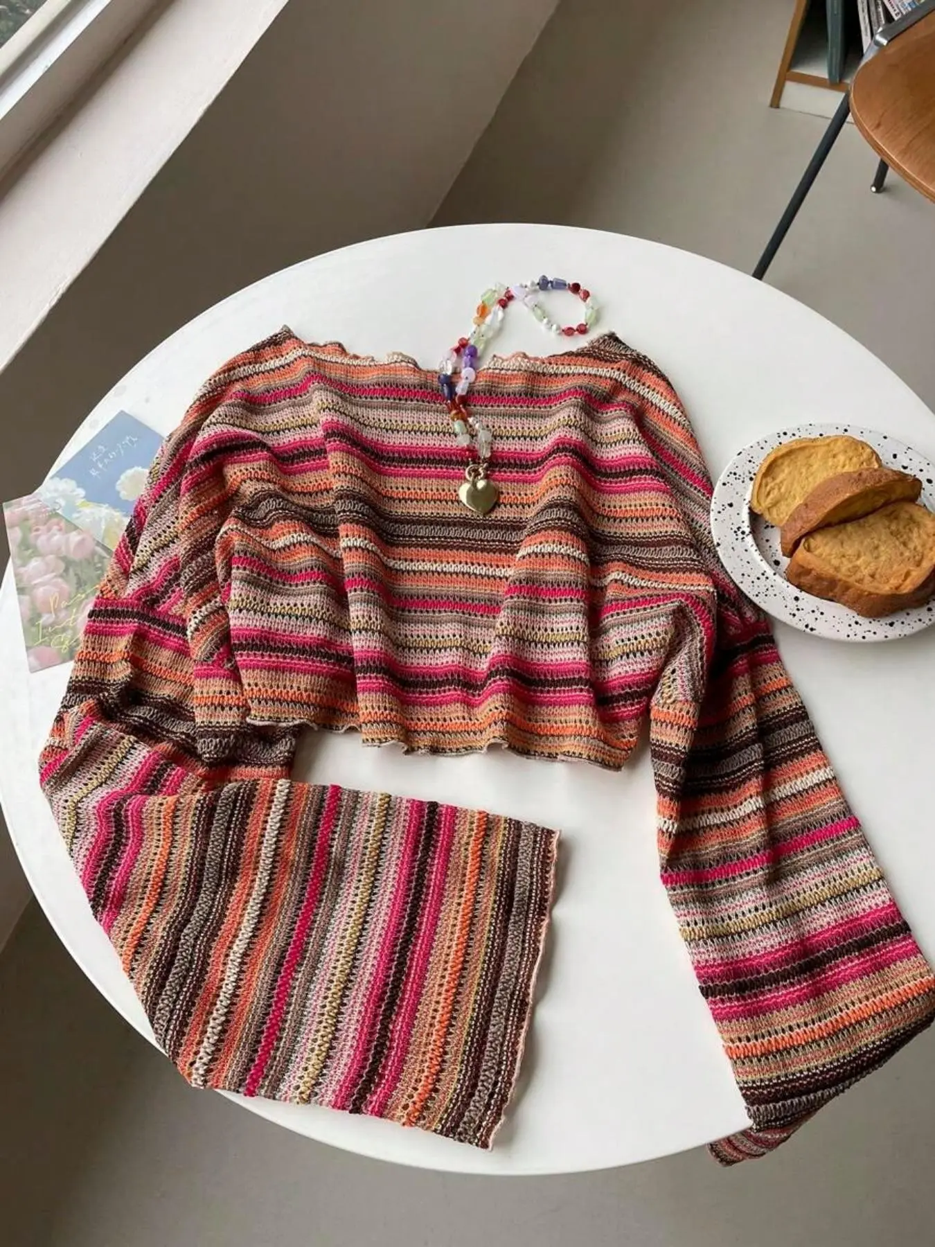 Women's Textured Casual Loose Vacation T-Shirt, Colorful Crochet Striped Design, Flare Long Sleeve Boho Pullover, Breathable Soft Blouse, All-Match Resort Outfit, Ideal For Holiday Travel, Daily Leisure, Street Style Womenswear, Breathable Striped Top