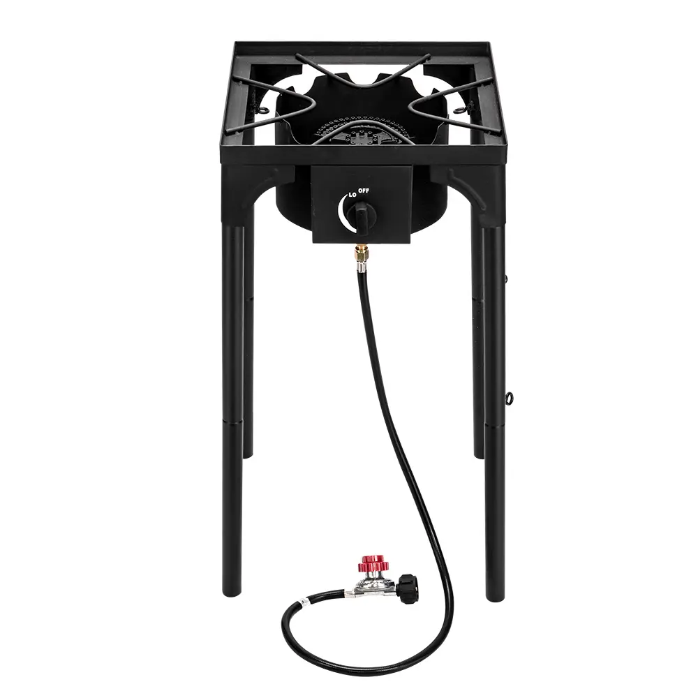 Portable Cast Iron Single Burner Camping Stove - 75000 BTU Pressurized Cooktop with Adjustable Regulator, for Patio Backyard Cooking, Camping Kitchen Supplies