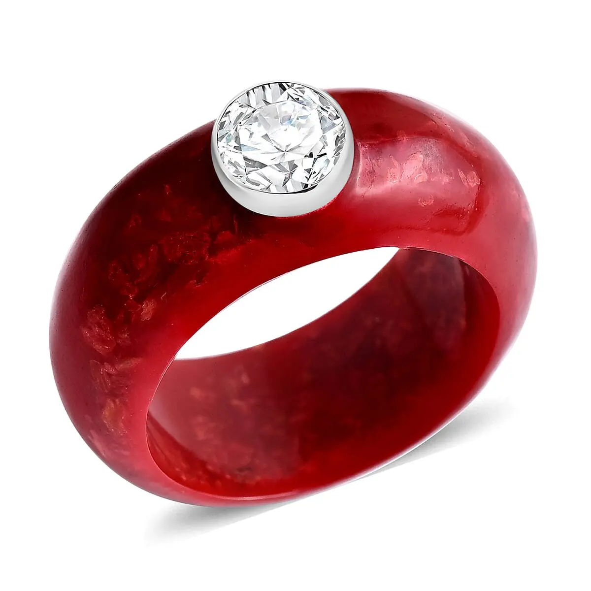 D'Joy Moissanite (Rnd 7mm), Red Coral Ring in Sterling Silver (Size 10.0) 1.20 ctw