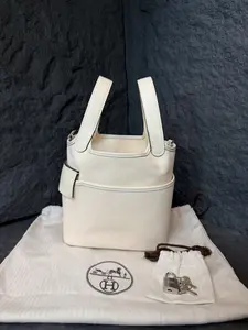 Pre-owned HERMÈS Hermes Picotin Lock 18 Nata Swift Toile Goeland Cargo Palladium Hardware