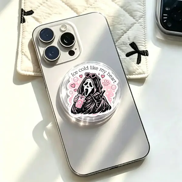 Ice Cold Like My Heart Ghostface MagSafe Phone Grip, Pink Spooky Cute Slasher Villain Drinking Iced Coffee PopSocket, Horror Fan Aesthetic Accessory