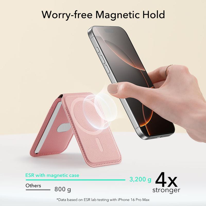 ESR Upgraded Aura for MagSafe Wallet, 5 Card-Holder with Adjustable Stand, Magnetic Wallet for iPhone 17/16/15/14/13/12 Series, Not for iPhone Mini, Vegan Leather, Pink