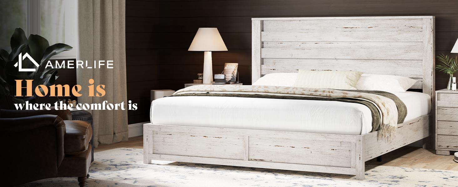 AMERLIFE Farmhouse Bed Frame with 49" Headboard, Platform Bed Frame with Wood Slats Support/Stable & Durable/No Box Spring Needed/Full/Queen/King Size/Best Gift Ideas/Christmas Gifts