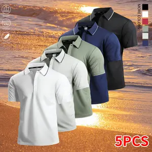 Set of 5 men’s casual polo shirts—soft and breathable short sleeves for fitness training and leisure sports; golf shirts, men’s tops, summer menswear.