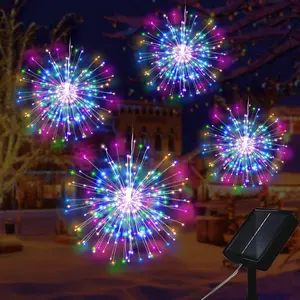 4pcs Solar Powered Indoor and Outdoor Hanging Fireworks Lights, Garden Lights, Outdoor Landscape Lights, LED Copper Wire Fairy Lights with 8 Lighting Modes, Wall Mount, Induction Control, Dimmable, for Courtyard, Garden Decoration