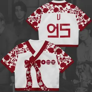 Kpop Hanbok Style Crop Top Jersey, Custom 07 Fan V-Neck Shirt, Crimson Red Floral Mesh Top, Korean Concert Tour Outfit 2026 Gift