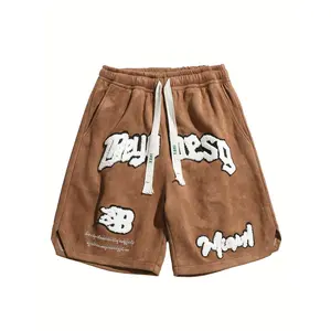 Men's Loose Letters Embroidery Pattern Shorts With Pockets, Casual Elastic Waist Drawstring Shorts For Summer
