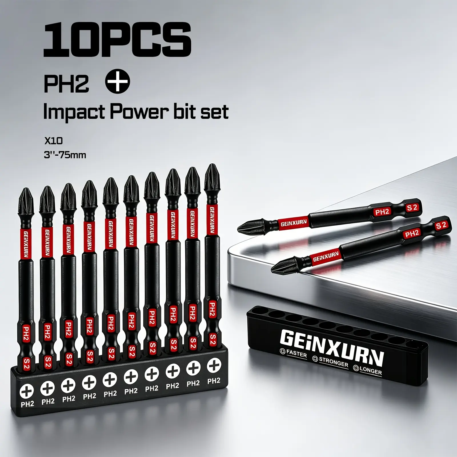 GEINXURN 10Pcs PH2 Impact Power Bit Set, 3-Inch 75mm Long Screwdriver Drill Bits, Heavy Duty S2 Steel Anti-Slip Magnetic Bits for Power Drills