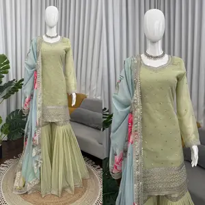3 PC Designer Faux Georgette Sharara Set with Thread & Sequence Work Dupatta