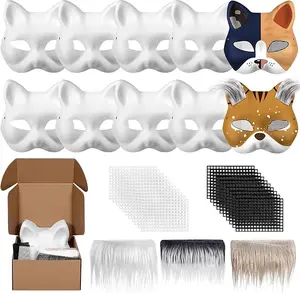 Therian Mask Blank White Paper Cat Mask to Paint with Felt Fabric Sheet Fur and Eye Mesh for Therian Gear Stuff