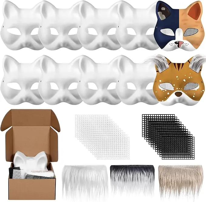 Therian Mask Blank White Paper Cat Mask to Paint with Felt Fabric Sheet Fur and Eye Mesh for Therian Gear Stuff