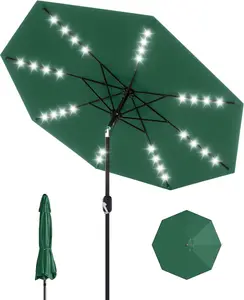 GAOMON 9 ft Patio Umbrella with Solar Lights, Outdoor Table Umbrella with 32 LED Lights & Tilt Crank, 8 Ribs Market Umbrella for Pool, Deck, Backyard, Dark Green