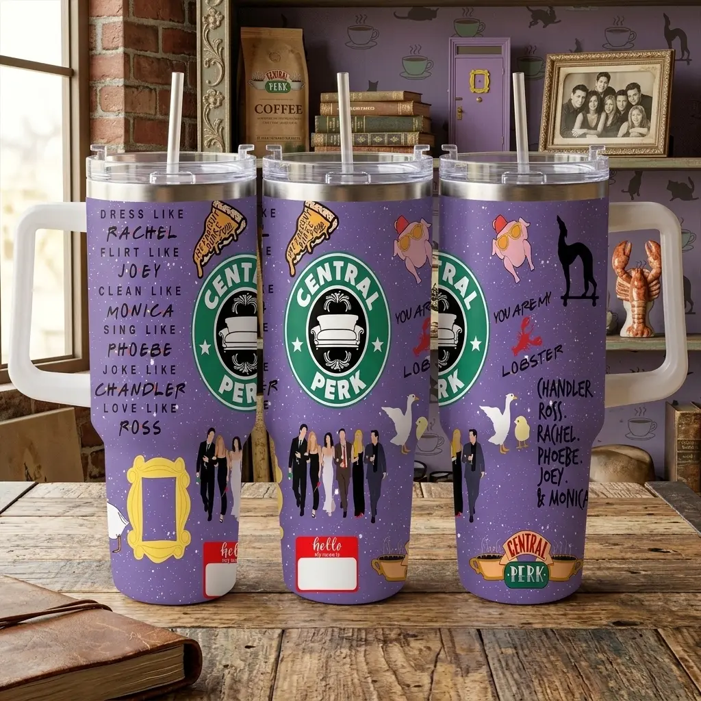Friends Theme Central Perk Cartoon Print Insulated Stainless Steel Tumbler Flask - 20/30/40 oz, 7-12H Insulation, BPA/Lead-Free, Twisttop Sipping, Funny Icon, Durable, Leak-Proof, Easy-Grip Handle, Straw-Compatible Drinkware for Office, Travel Gifting