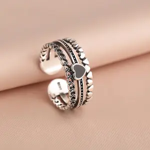Triple-Row Heart Ring Oxidized Silver with Black Enamel! Multi-Textured Open Adjustable Design, The Ultimate Retro Love Stack for Her #heartring #stackingrings